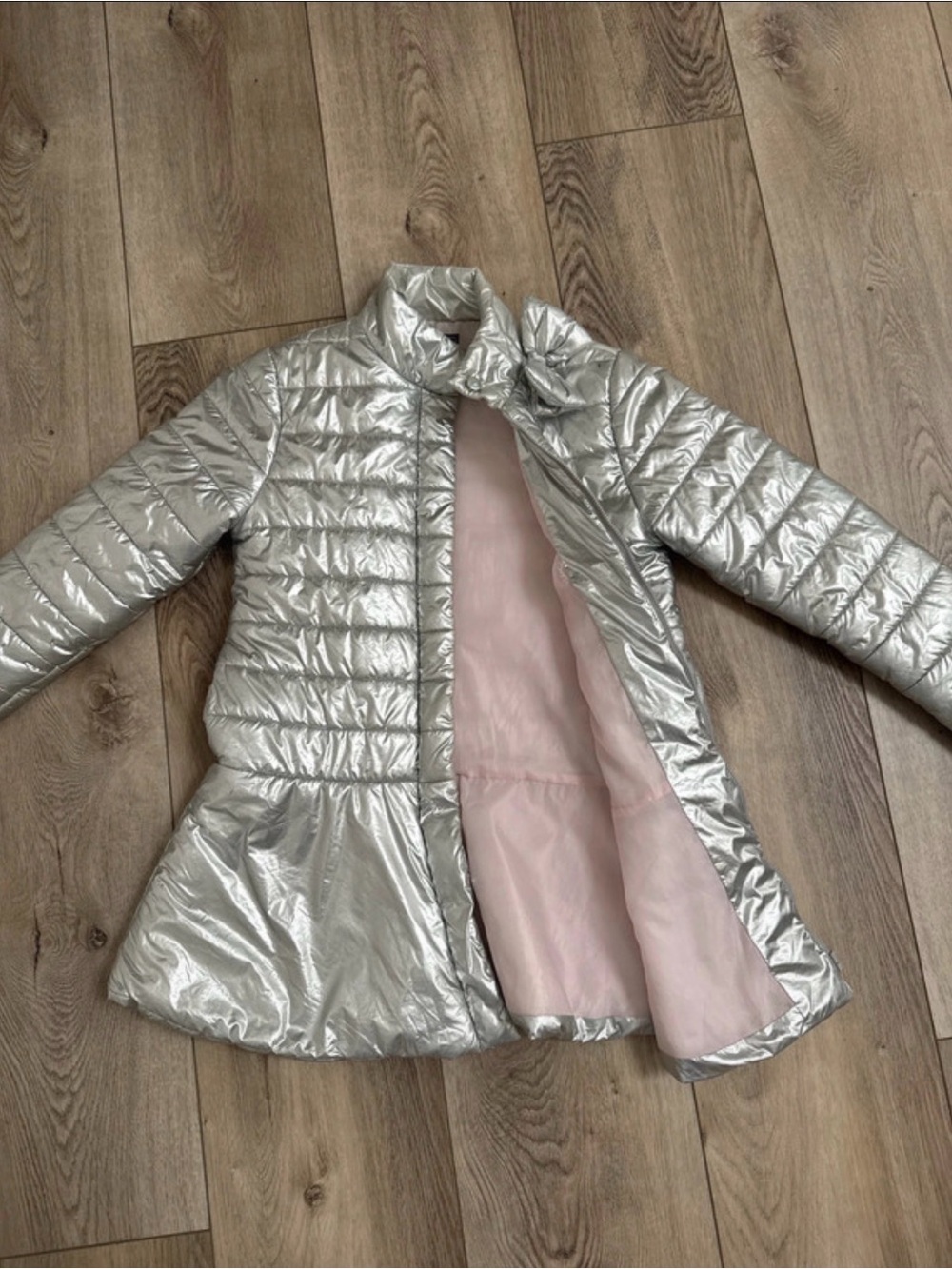 Girls' Metallic Silver Puffer Jacket with Pink Lining